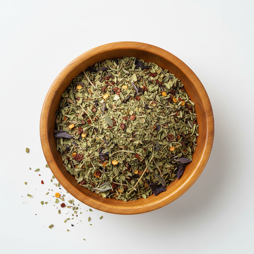 Dried Savory in wooden circle bowl with white background, photo size is 556px in 556 px