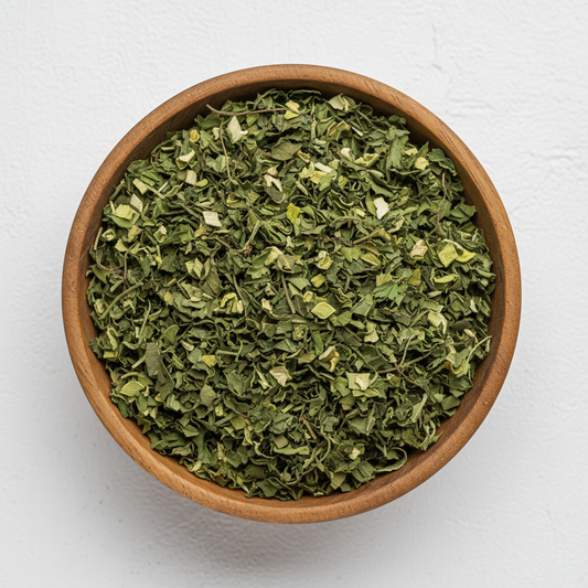Mixed Dried Vegetables(Ghormeh Sabzi) in wooden bowl with white background